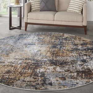 HomeRoots 8' Modern Abstract Distressed Round Rug in Tan, Ivory & Black - Washable, Stain-Resistant & Stylish 532832