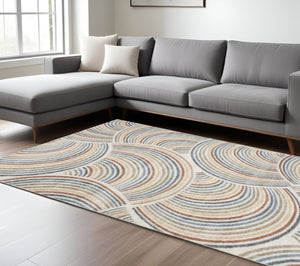 HomeRoots 7' Stylish Ivory Blue and Brown Geometric Area Rug - Washable, Soft, Modern Design for Any Room 9' X 12' 532834