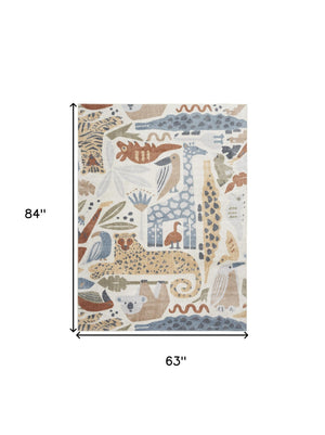 Homeroots 5' X 7' Ivory Blue And Gray Animal Print Washable Area Rug  Polyester 532839