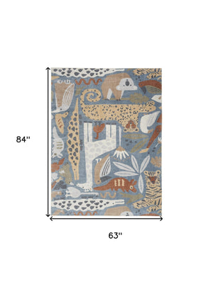 Homeroots 5' X 7' Ivory Blue And Gray Kids Jungle Animal Print Washable Area Rug  Polyester 532840
