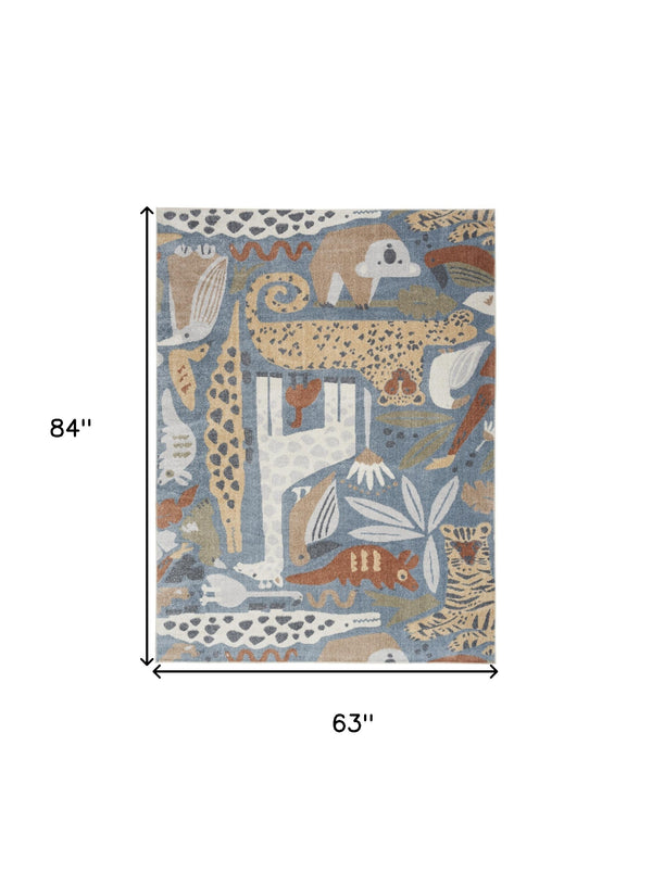 Homeroots 5' X 7' Ivory Blue And Gray Kids Jungle Animal Print Washable Area Rug  Polyester 532840