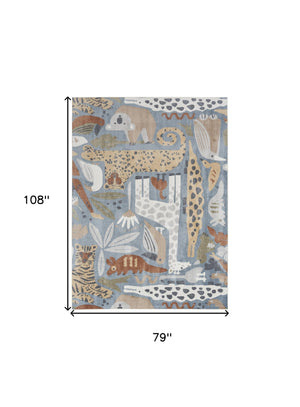 Homeroots 7' X 9' Ivory Blue And Gray Animal Print Power Loom Washable Area Rug  Polyester 532842