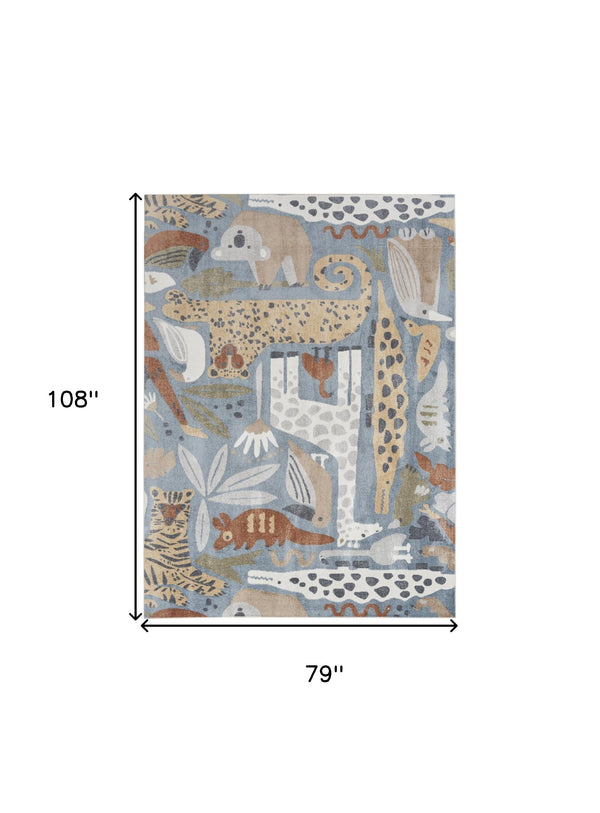 Homeroots 7' X 9' Ivory Blue And Gray Animal Print Power Loom Washable Area Rug  Polyester 532842