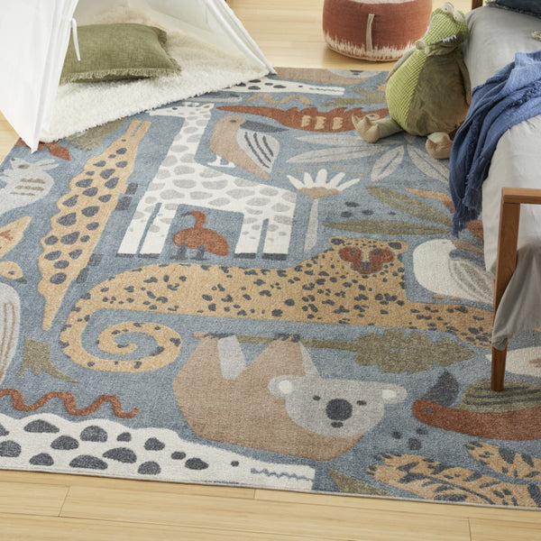 HomeRoots 7' X 9' Washable Animal Print Area Rug in Ivory, Blue, and Gray - Stylish, Durable, and Versatile! 532842