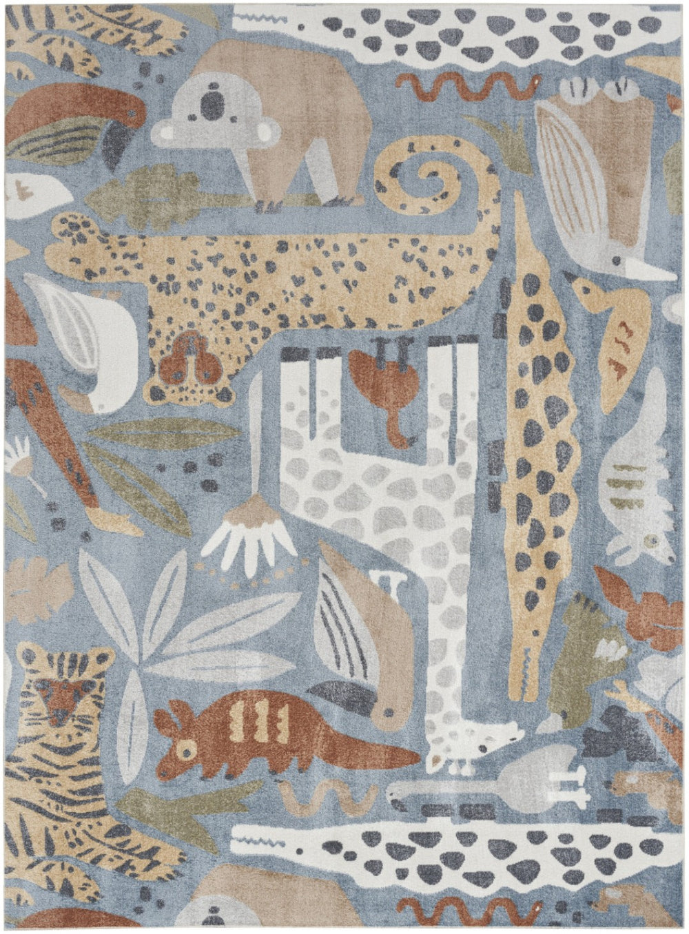 HomeRoots 7' X 9' Washable Animal Print Area Rug in Ivory, Blue, and Gray - Stylish, Durable, and Versatile! 532842