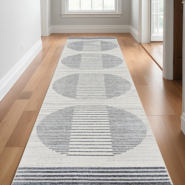Homeroots 12' Elegant Blue And Ivory Geometric Washable Runner Rug - Durable, Stylish Accent For Any Space  Polyester 532847