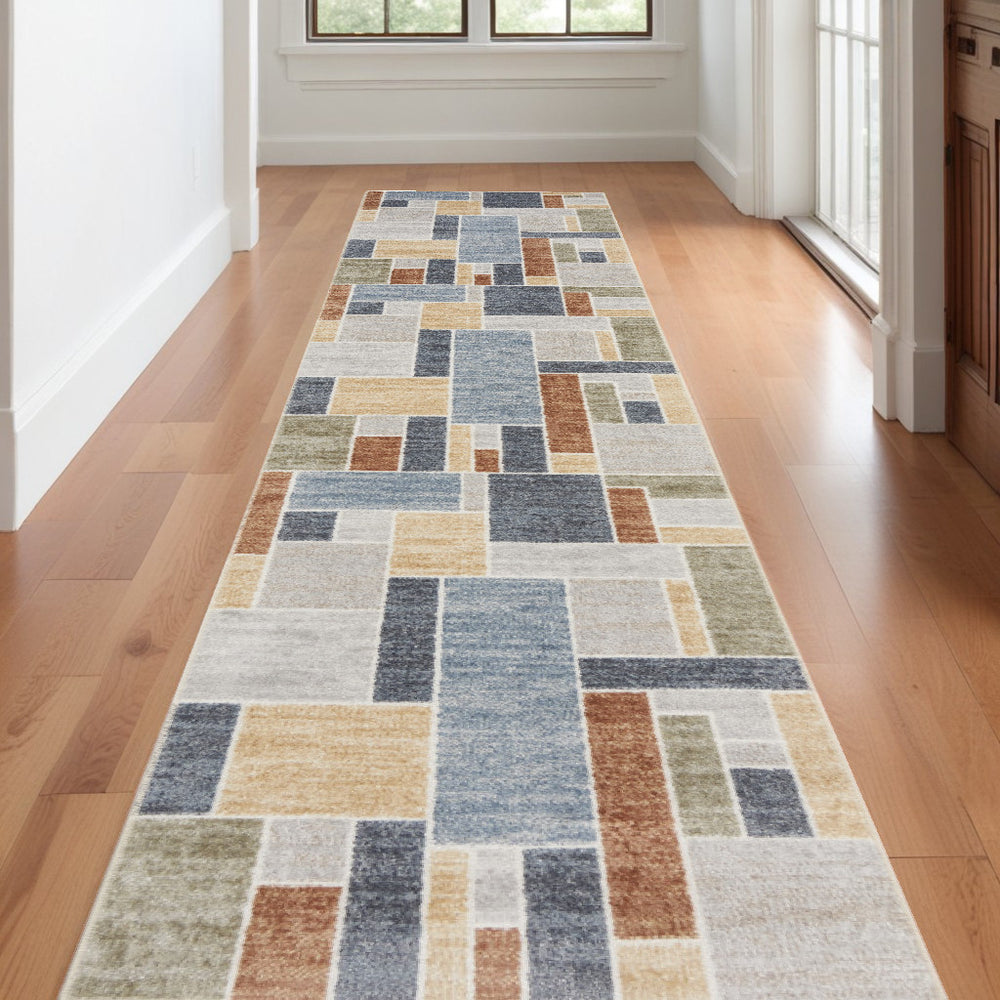 Homeroots 12' Vibrant Blue And Green Geometric Washable Runner Rug - Durable, Stylish, And Perfect For Any Space!  Polyester 532849
