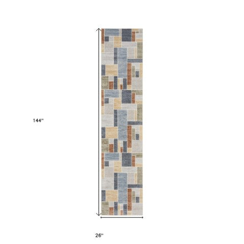 Homeroots 12' Vibrant Blue And Green Geometric Washable Runner Rug - Durable, Stylish, And Perfect For Any Space!  Polyester 532849