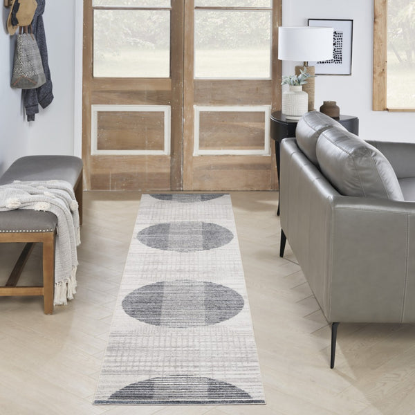 Homeroots 12' Elegant Blue And Ivory Geometric Washable Runner Rug - Durable, Stylish Accent For Any Space  Polyester 532850