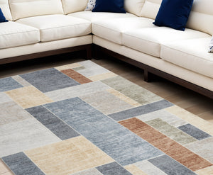 Homeroots 7' X 9' Blue And Green Geometric Power Loom Washable Area Rug  Polyester 532865