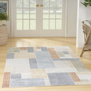 HomeRoots 7' Geometric Area Rug in Blue and Green – Modern, Washable Design for Easy Care and Style 7' X 9' 532865