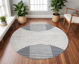 HomeRoots 8' Blue and Ivory Geometric Washable Round Rug – Stylish, Durable, Easy-Care Accent for Modern Homes 532875