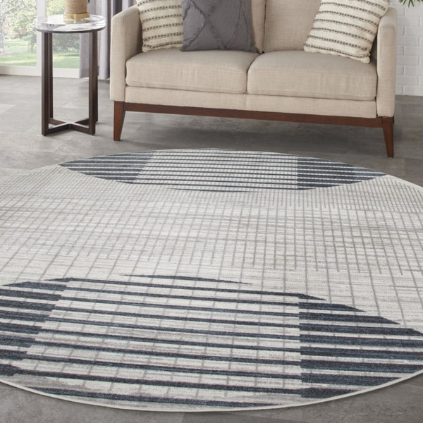 HomeRoots 8' Blue and Ivory Geometric Washable Round Rug – Stylish, Durable, Easy-Care Accent for Modern Homes 532875