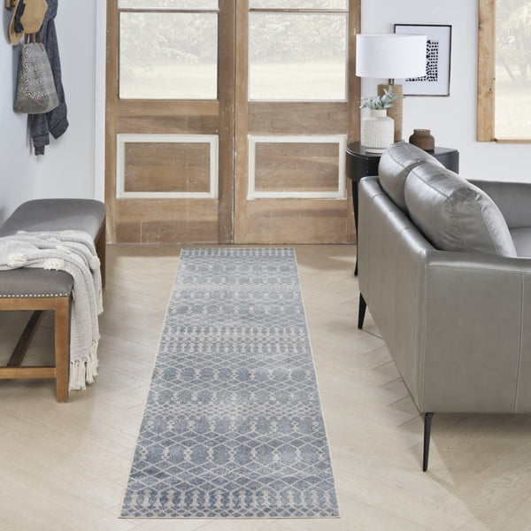 Homeroots 12' Blue Moroccan Runner Rug - Durable Polyester, Stylish Abstract Design For Hallways & More!  Polyester 532887