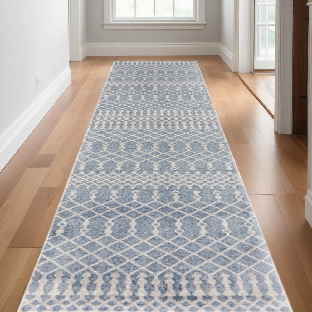 Homeroots 12' Blue Moroccan Runner Rug - Durable Polyester, Stylish Abstract Design For Hallways & More!  Polyester 532887