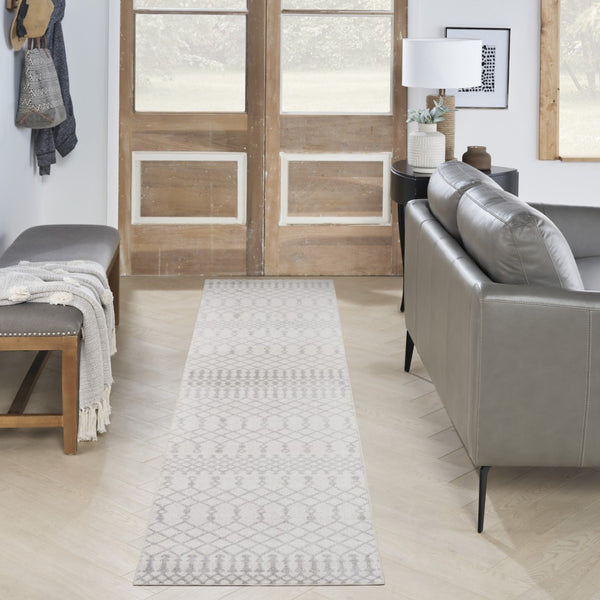 Homeroots 12' Stylish Gray And Ivory Moroccan Washable Runner Rug For Hallways, Laundry, And Home Decor  Polyester 532888