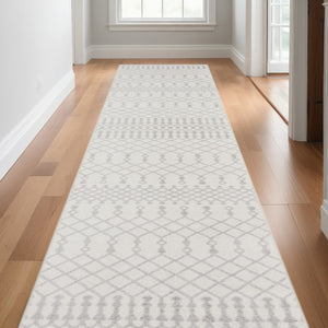 Homeroots 12' Stylish Gray And Ivory Moroccan Washable Runner Rug For Hallways, Laundry, And Home Decor  Polyester 532888