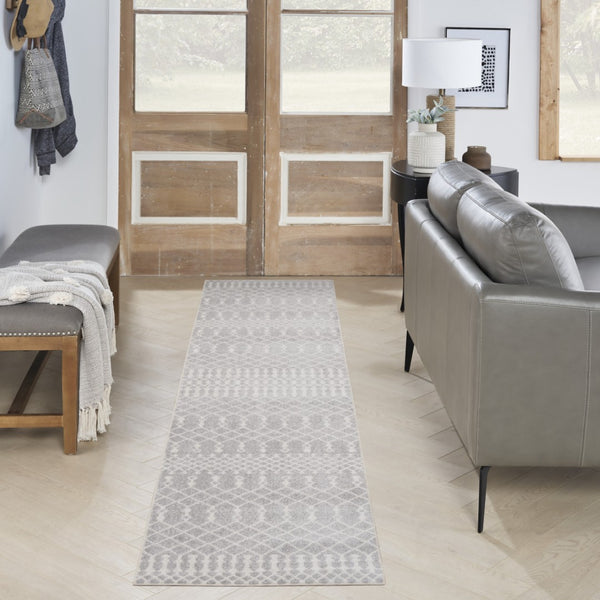 Homeroots 12' Stylish Gray And Ivory Moroccan Washable Runner Rug For Hallways, Laundry, And Home Decor  Polyester 532889