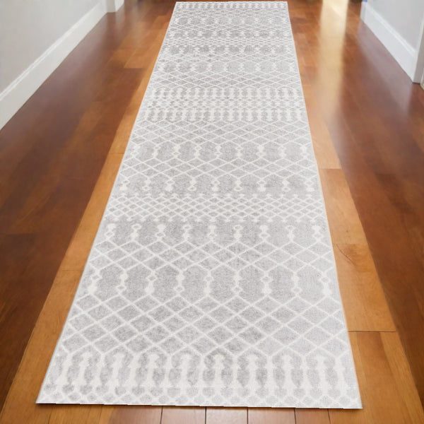 Homeroots 12' Stylish Gray And Ivory Moroccan Washable Runner Rug For Hallways, Laundry, And Home Decor  Polyester 532889