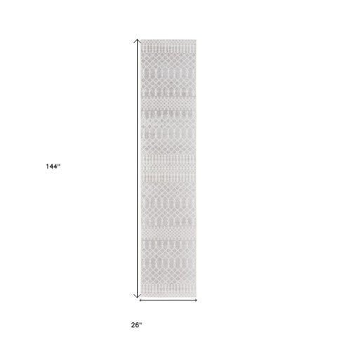 Homeroots 12' Stylish Gray And Ivory Moroccan Washable Runner Rug For Hallways, Laundry, And Home Decor  Polyester 532889