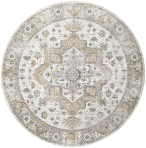 HomeRoots 8' Washable Round Rug in Gray, Ivory & Blue Floral Medallion – Durable, Stylish & Pet-Friendly Decor 532912