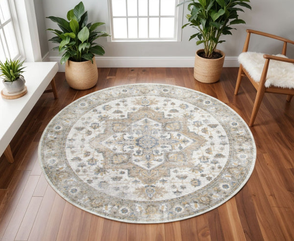 HomeRoots 8' Washable Round Rug in Gray, Ivory & Blue Floral Medallion – Durable, Stylish & Pet-Friendly Decor 532912