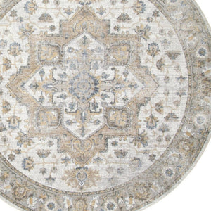HomeRoots 8' Washable Round Rug in Gray, Ivory & Blue Floral Medallion – Durable, Stylish & Pet-Friendly Decor 532912