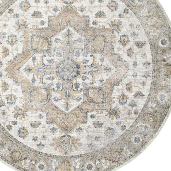 HomeRoots 8' Washable Round Rug in Gray, Ivory & Blue Floral Medallion – Durable, Stylish & Pet-Friendly Decor 532912