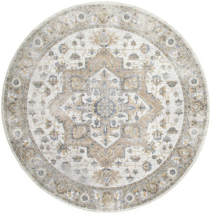 HomeRoots 8' Washable Round Rug in Gray, Ivory & Blue Floral Medallion – Durable, Stylish & Pet-Friendly Decor 532912
