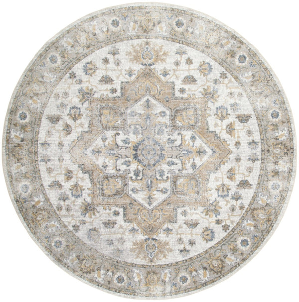 HomeRoots 8' Washable Round Rug in Gray, Ivory & Blue Floral Medallion – Durable, Stylish & Pet-Friendly Decor 532912