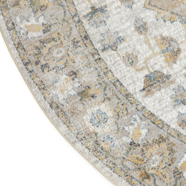 HomeRoots 8' Washable Round Rug in Gray, Ivory & Blue Floral Medallion – Durable, Stylish & Pet-Friendly Decor 532912