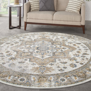 HomeRoots 8' Washable Round Rug in Gray, Ivory & Blue Floral Medallion – Durable, Stylish & Pet-Friendly Decor 532912