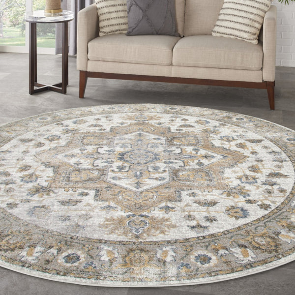 HomeRoots 8' Washable Round Rug in Gray, Ivory & Blue Floral Medallion – Durable, Stylish & Pet-Friendly Decor 532912