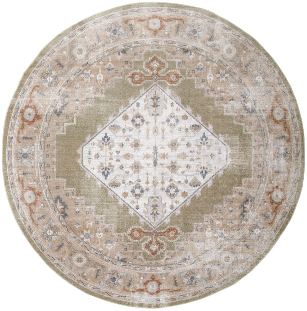 HomeRoots 8' Sage and Ivory Floral Medallion Round Rug - Durable, Washable, Transitional Design for Busy Homes 532913