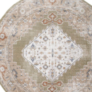 HomeRoots 8' Sage and Ivory Floral Medallion Round Rug - Durable, Washable, Transitional Design for Busy Homes 532913