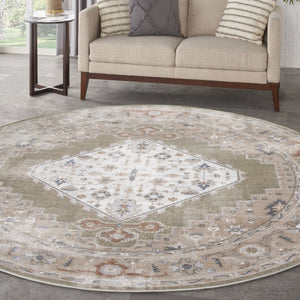 HomeRoots 8' Sage and Ivory Floral Medallion Round Rug - Durable, Washable, Transitional Design for Busy Homes 532913