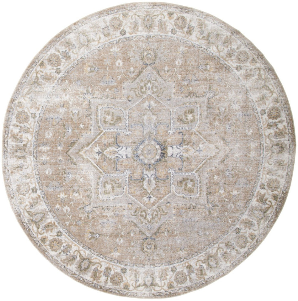 HomeRoots 8' Bohemian Beige Tan & Blue Floral Medallion Round Rug - Durable, Washable, Perfect for Any Space! 532914