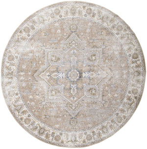 HomeRoots 8' Bohemian Beige Tan & Blue Floral Medallion Round Rug - Durable, Washable, Perfect for Any Space! 532914