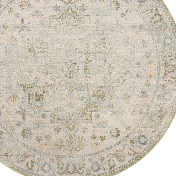 HomeRoots 8' Bohemian Beige Tan & Blue Floral Medallion Round Rug - Durable, Washable, Perfect for Any Space! 532914