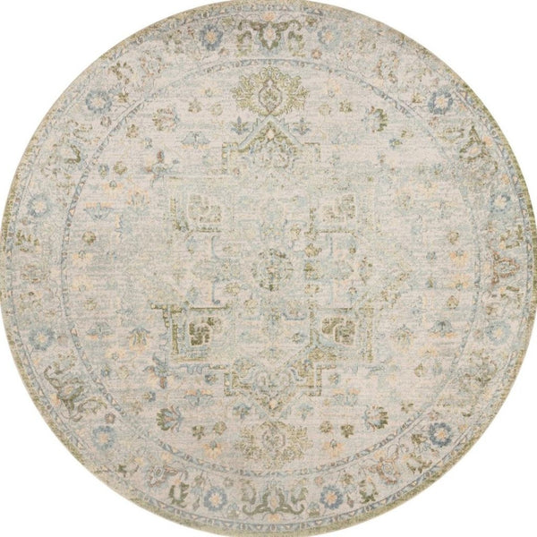 HomeRoots 8' Bohemian Beige Tan & Blue Floral Medallion Round Rug - Durable, Washable, Perfect for Any Space! 532914
