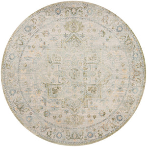 HomeRoots 8' Bohemian Beige Tan & Blue Floral Medallion Round Rug - Durable, Washable, Perfect for Any Space! 532914