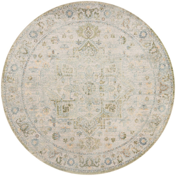 HomeRoots 8' Bohemian Beige Tan & Blue Floral Medallion Round Rug - Durable, Washable, Perfect for Any Space! 532914