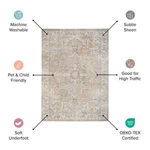 HomeRoots 8' Bohemian Beige Tan & Blue Floral Medallion Round Rug - Durable, Washable, Perfect for Any Space! 532914