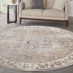HomeRoots 8' Bohemian Beige Tan & Blue Floral Medallion Round Rug - Durable, Washable, Perfect for Any Space! 532914
