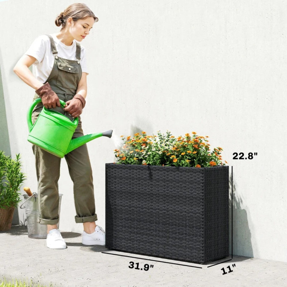 English Elm Modern Raised Planter Box with Pe Rattan Exterior and Steel Frame for Patio Herb Gardens Black T3971P476663