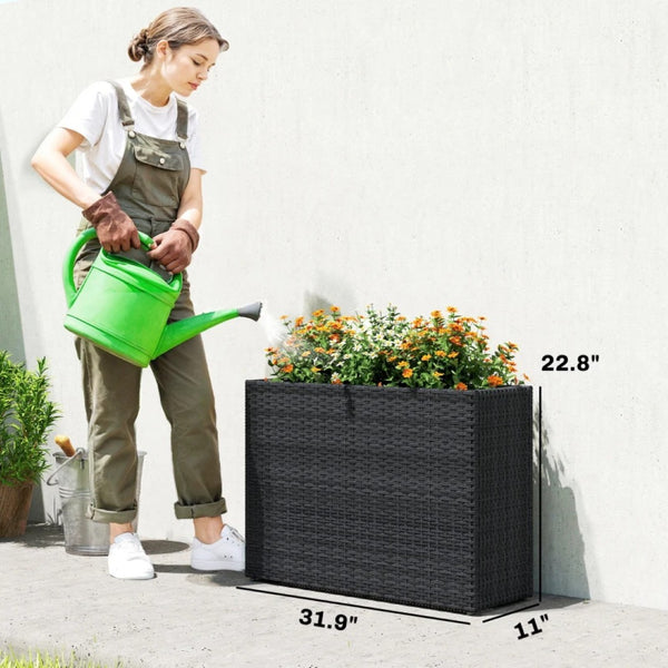 English Elm Modern Raised Planter Box with Pe Rattan Exterior and Steel Frame for Patio Herb Gardens Black T3971P476663