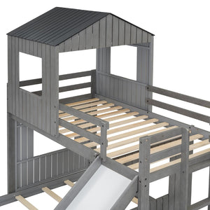 English Elm Wooden Twin Over Full Bunk Bed Farmhouse Playhouse Slide Pinewood Kids Loft LT000328AAE