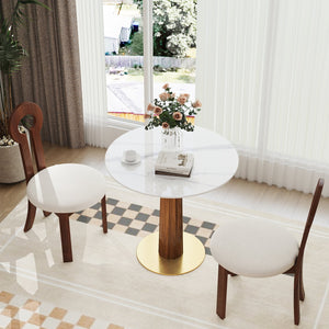 English Elm Modern Round Dining Table, 33.5" Sintered Stone Top With Wooden Legs & Gold Base For Compact Spaces W1535S00600
