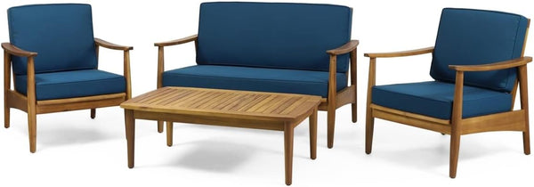 English Elm Christopher Knight Home® - Willowbrook Acacia Teak Brown 4-Piece Outdoor Conversation Set with Slat Design & Teal Cushions 68624.00DT-2_68628.00DT