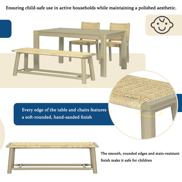 English Elm Modern Farmhouse Extendable Dining Table Set with Handwoven Rattan Chairs, Child‑Safe Rounded Edges, Expandable for 4‑8 Guests Gold TWSET2025-1E
